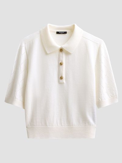 Balmain Women's Diamond-Knit-Sleeve Merino Wool Polo Shirt