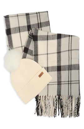 Barbour Barbour Dover Tartan Scarf & Faux Fur Pompom Beanie Set