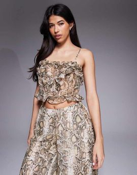 Bardot Bardot Alira chiffon frill detailing crop top in snake print - part of a set-Neutral