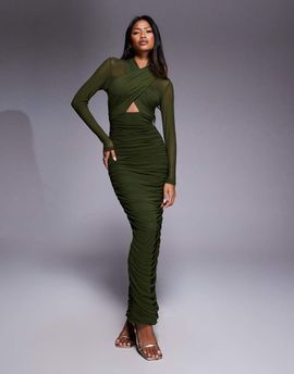 Bardot Bardot Aliyah wrap mesh midi dress in dark khaki-Green