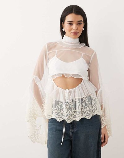 Bardot Bardot Anyssa high neck embroidered lace ruffle cut-out detail in ivory-White