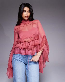 Bardot Bardot Anyssa sheer chiffon ruffle detailing bell sleeve cut out blouse in rose-pink