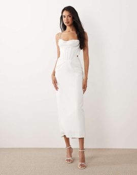 Bardot Bardot cami corset detail cut out midi dress in ivory-White