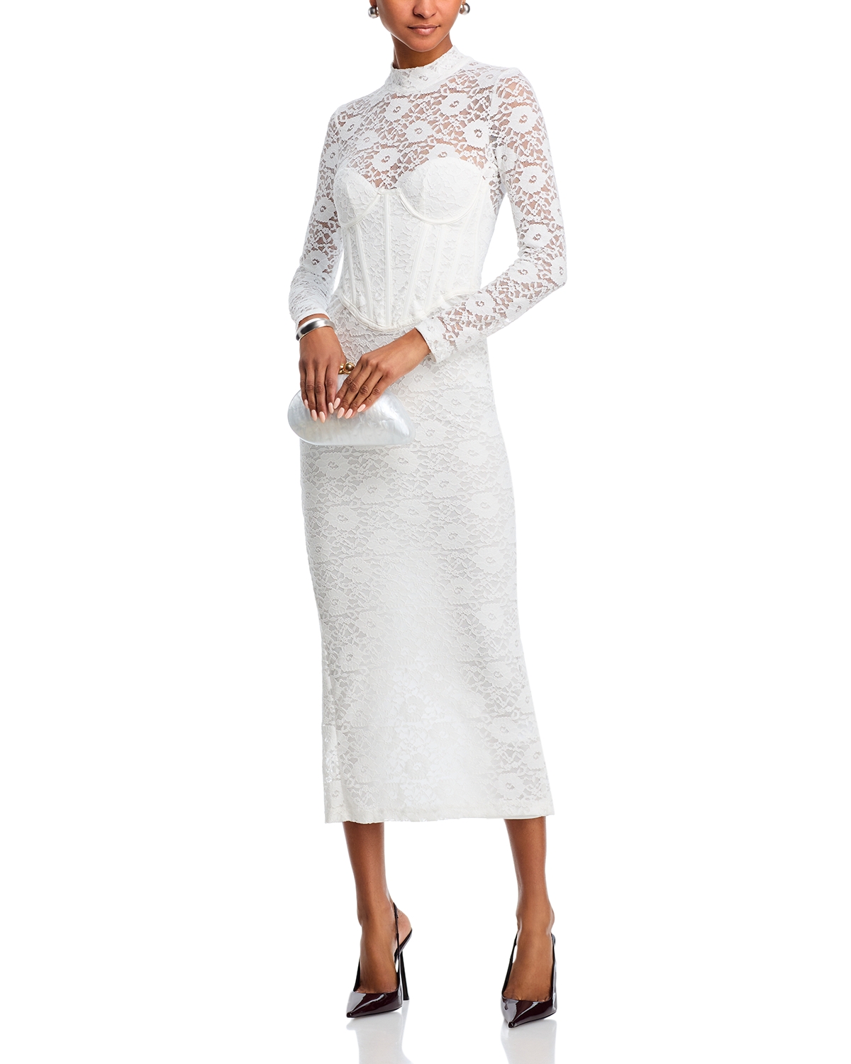 white christmas dresses Rinna Black Lace And Satin Bardot-Neck Maxi Dress – Club L London main image 1
