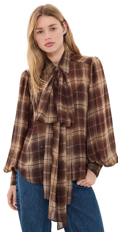 BARDOT BARDOT Cecile Scarf Button Down Shirt Brown Check