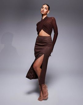 Bardot Bardot Dante faux suede midi skirt in chocolate-Brown