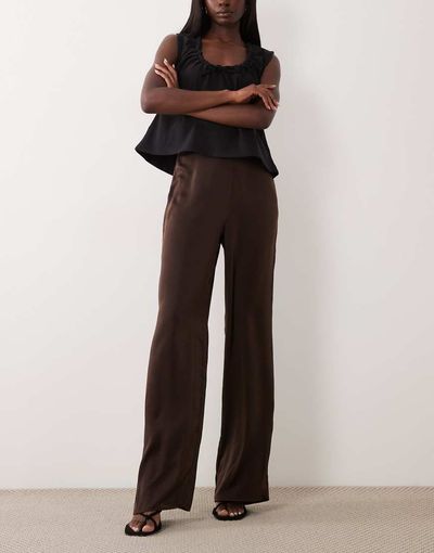 Bardot Bardot Devin mid rise satin pants in dark chocolate-Brown