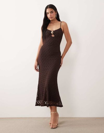 Bardot Bardot Karla cami lace mesh gold trim midi dress in chocolate-Black