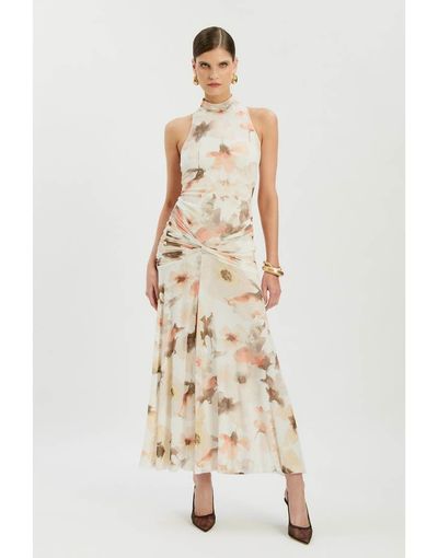 Bardot Bardot Leanna high neck ruched waist thigh slit mesh midaxi dress in ivory watercolor floral-White