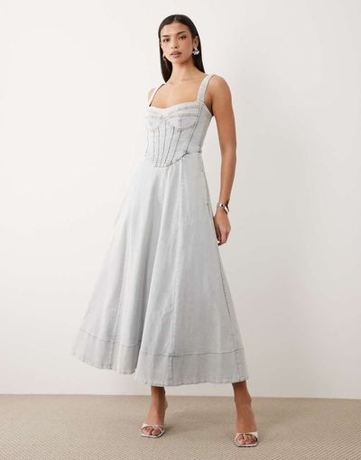 Bardot Bardot Lilah denim corset detail maxi dress in light blue