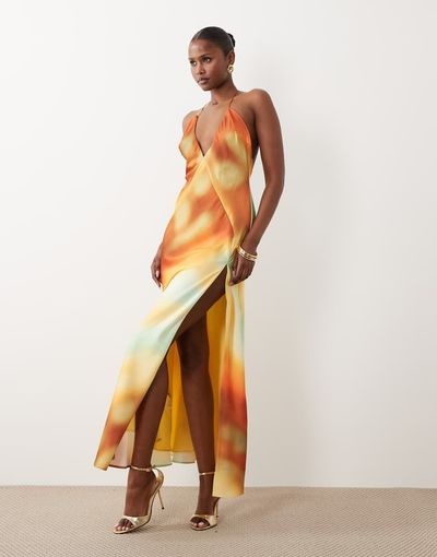 Bardot Bardot Lizbeth halter neck maxi dress with thigh slit in sunrise abstract print-Orange