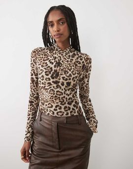 Bardot Bardot mesh long sleeve bodysuit in leopard print-Multi