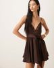 Bardot Bardot Natalia satin lace trim plunge neck belt detail floaty hem mini dress in dark chocolate-Brown - 1