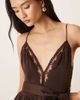 Bardot Bardot Natalia satin lace trim plunge neck belt detail floaty hem mini dress in dark chocolate-Brown - 4