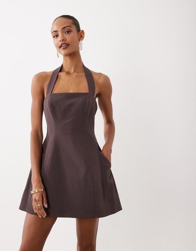 Bardot Bardot Nevelle square halter neck mini dress in chocolate-Brown