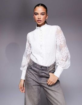 Bardot Bardot Olessia lace high neck balloon sleeve shirt in white