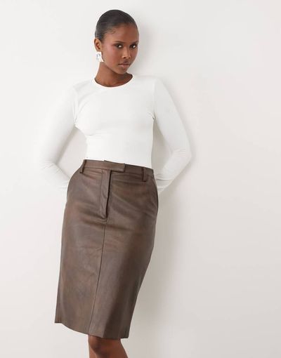 Bardot Bardot Phenix faux leather knee length skirt in chocolate-Brown