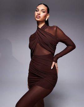 Bardot Bardot Veria wrap mesh maxi dress in chocolate-Brown