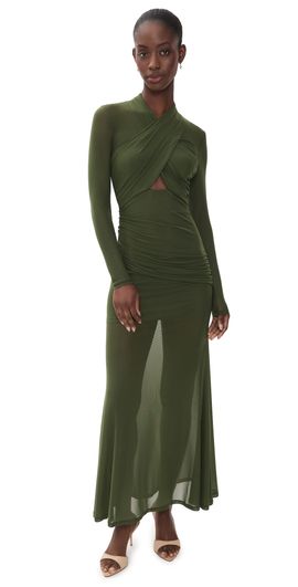 BARDOT BARDOT Veria Wrap Mesh Maxi Dress Khaki