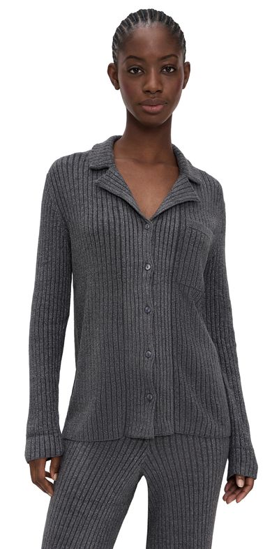 Barefoot Dreams Barefoot Dreams Metallic Rib Button Front Shirt Carbon