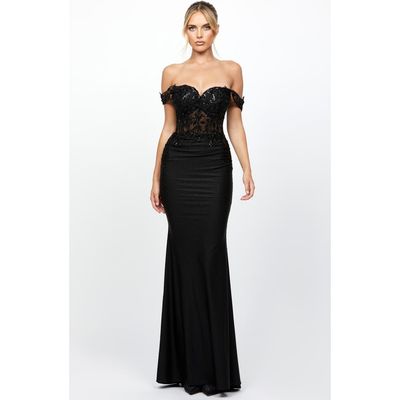 open lace back dress Olympia One Shoulder Gown in Black by Bariano main image 0