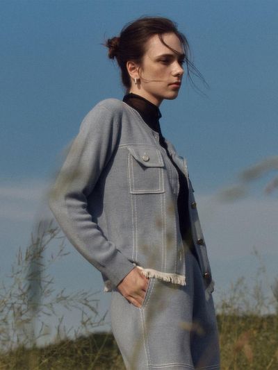 BASIKA Denim Knit Frill Jacket (Stone Blue)