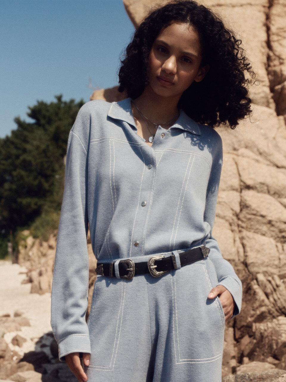 BASIKA Denim Knit Shirt (Stone Blue)