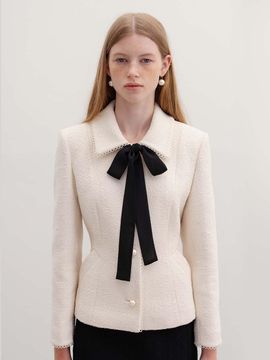 BAU by Bride And You ALYSSA Stand collar scallop-trimmed tweed jacket (Ivory/Black)