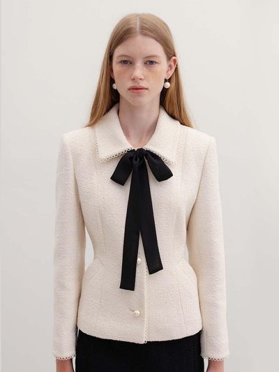 BAU by Bride And You ALYSSA Stand collar scallop-trimmed tweed jacket (Ivory/Black)