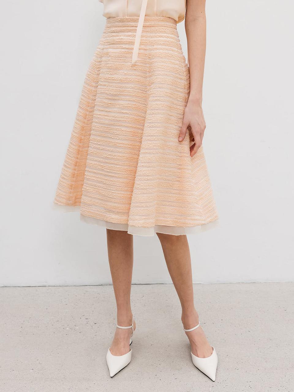 BAU by Bride And You ANTHONY Jacquard Flared Midi Skirt [Pale Light Brown/Pink]