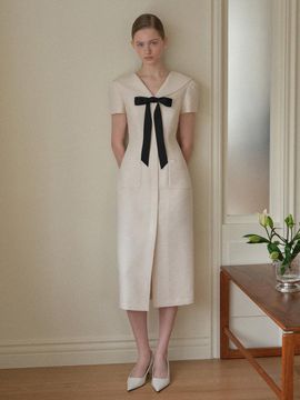 BAU by Bride And You BRIA Sailor Collar Ribbon Tie H-line Long Dress (Cream/Navy)
