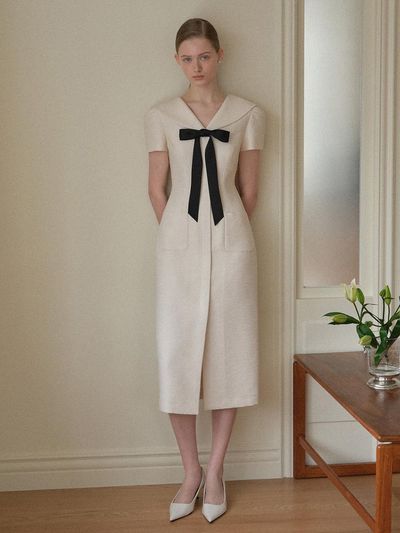 BAU by Bride And You BRIA Sailor Collar Ribbon Tie H-line Long Dress (Cream/Navy)