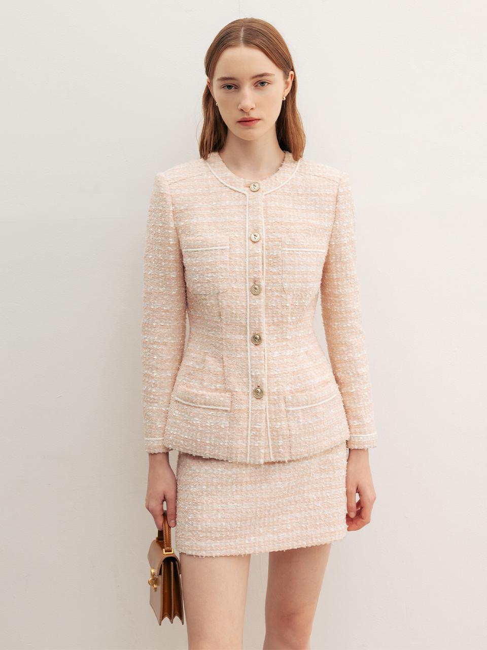 BAU by Bride And You CAMERON Tuck Detailed Round Neck Tweed Jacket (Pale pink)