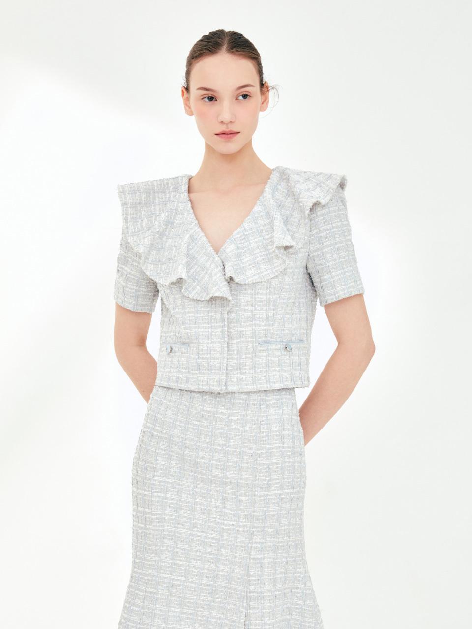 BAU by Bride And You Gwen Ruffled Short Sleeve Tweed Jacket (Pale Blue)