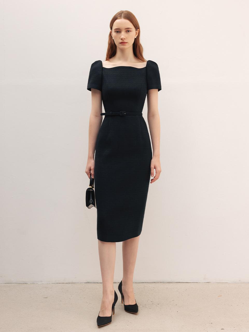 BAU by Bride And You HAVEN Curved Neck H-Line Tweed Long Dress - Black