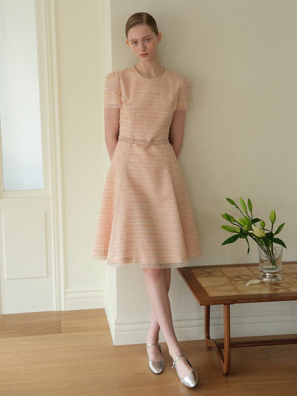 BAU by Bride And You IRIS Round Neck Jacquard Flared Midi Dress [Pale Light Brown/Pink/Black]