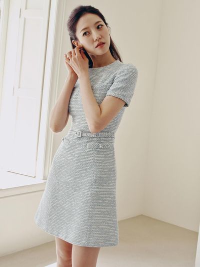 BAU by Bride And You LINDSAY Round Neck Semi A-line Tweed Mini Dress (Minty blue&White/Deep navy/Pink)