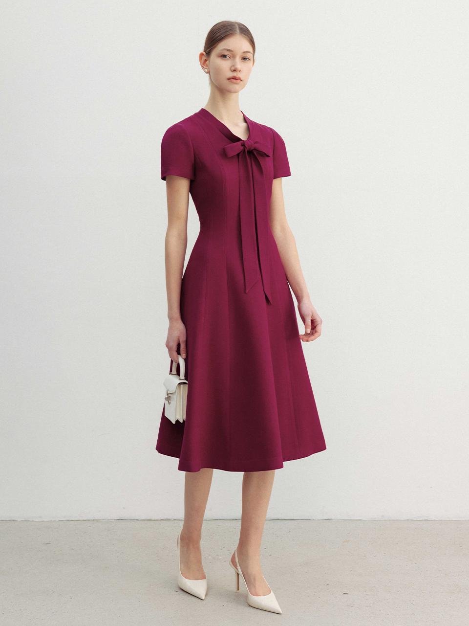 BAU by Bride And You MADDY Ribbon Tied Short Sleeve Flared Long Dress [Magenta]