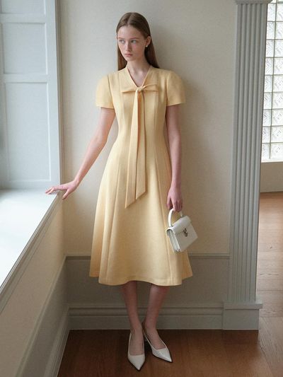BAU by Bride And You MADDY Ribbon Tied Short Sleeve Flared Long Maxi Dress [Buttery Yellow]