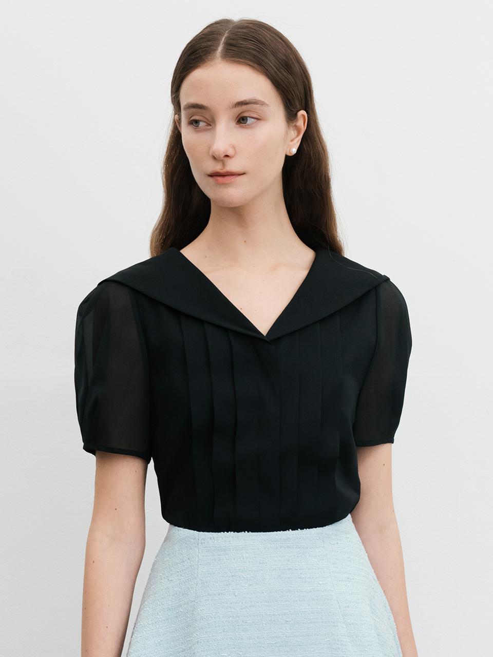 BAU by Bride And You MELINA Sailor Collar Pin Tucked Organza Blouse (Cream/Black)