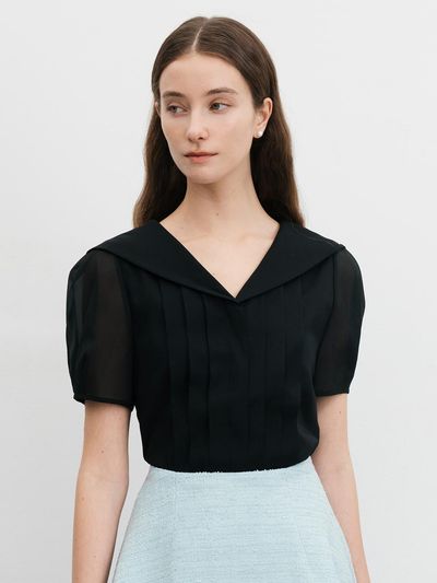 BAU by Bride And You MELINA Sailor Collar Pin Tucked Organza Blouse (Cream/Black)