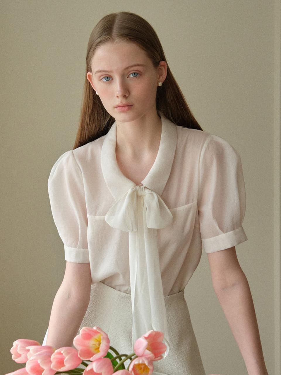 BAU by Bride And You ROSA See-through pointed collar ribbon tie blouse (WHITE)