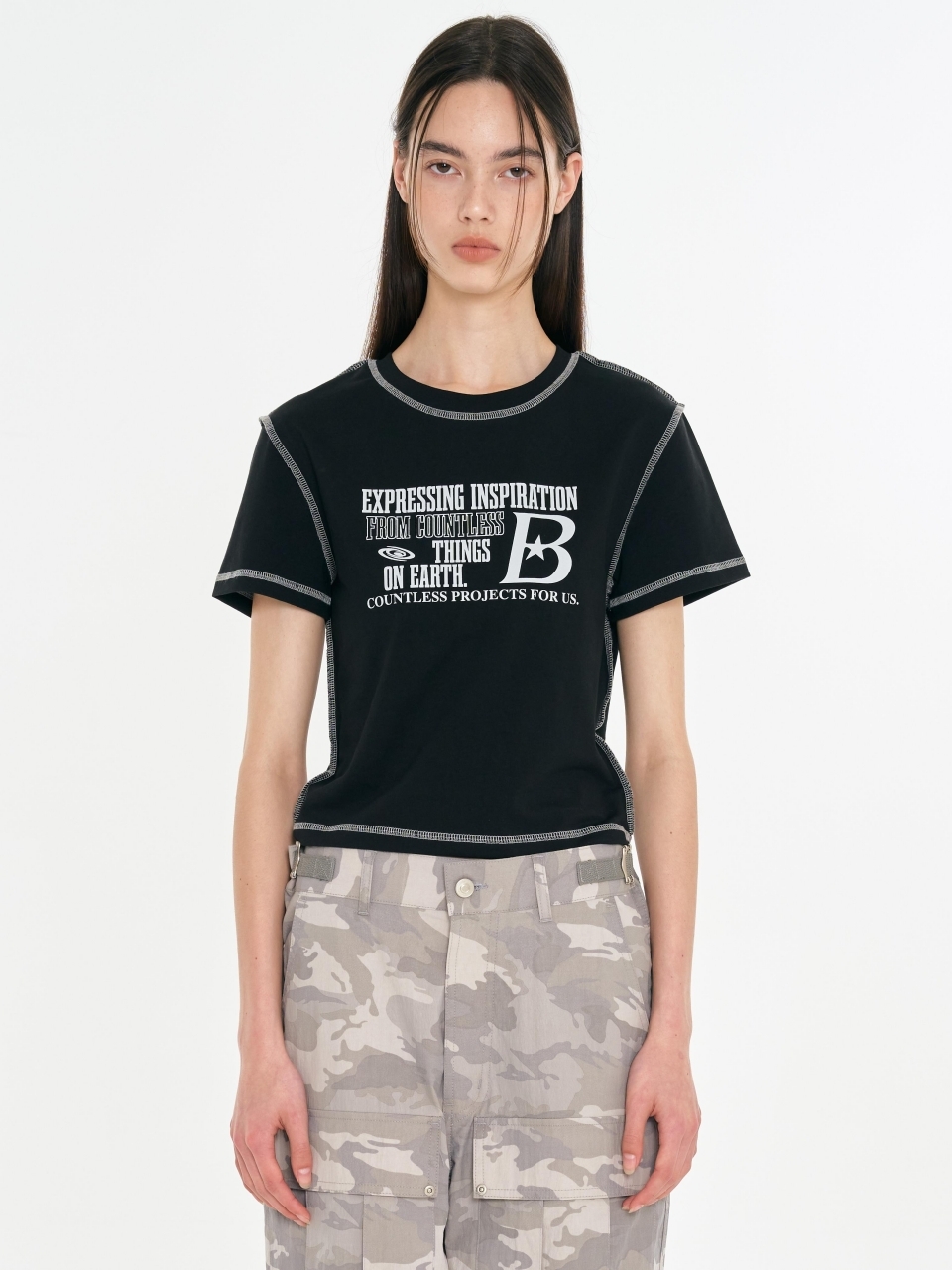 BAUF B Logo Stitch Cropped T-shirt - Black