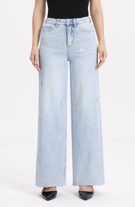 Bayeas Bayeas Embellished Raw Hem High Waist Wide Leg Jeans