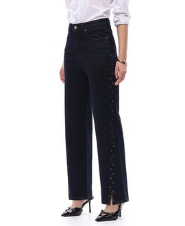 Bayeas Bayeas High Rise Straight Leg Denim Jeans with Studded Detailing in Rinse Wash