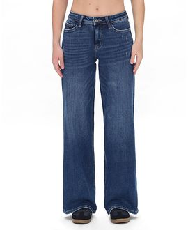 Bayeas Bayeas Mid Rise Wide Leg Denim Jeans Stretch Comfortable in Dark Blue