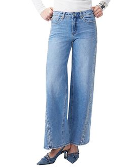 Bayeas Bayeas Mid Rise Wide Leg Denim Jeans with Rhinestone Stretch Comfortable in Cosmos