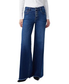 Bayeas Bayeas Mid Rise Women Wide Leg Denim Jeans Button Fly with Frayed Hem in Mirror