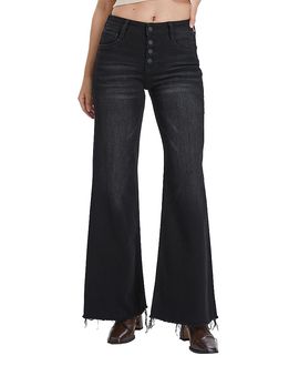 Bayeas Bayeas Mid Rise Women's Wide Leg Denim Jeans Button Fly with Frayed Hem in Raven
