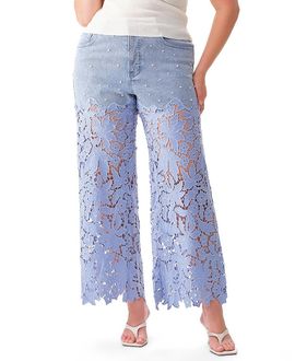 Bayeas Bayeas Plus Embroidery Wide Leg Lace Denim Jeans with Pearl in Clearstrand